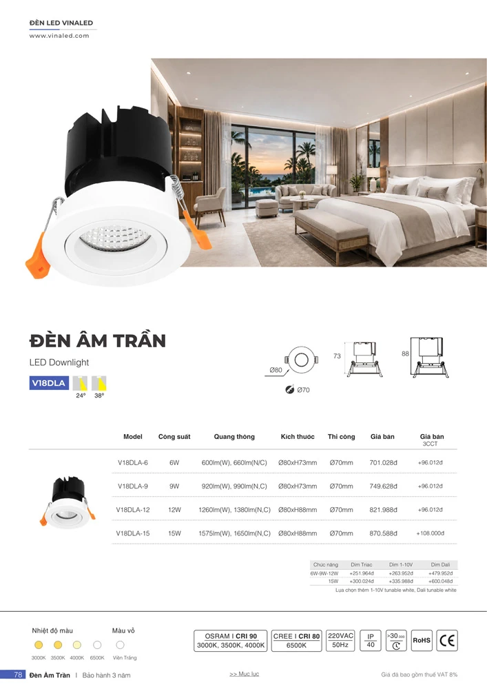 Đèn led downlight âm trần chiếu điểm V18DLA Vinaled