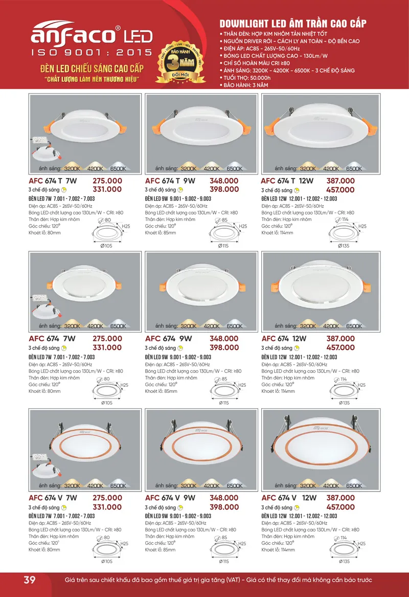 Đèn led âm trần downlight Anfaco Lighting