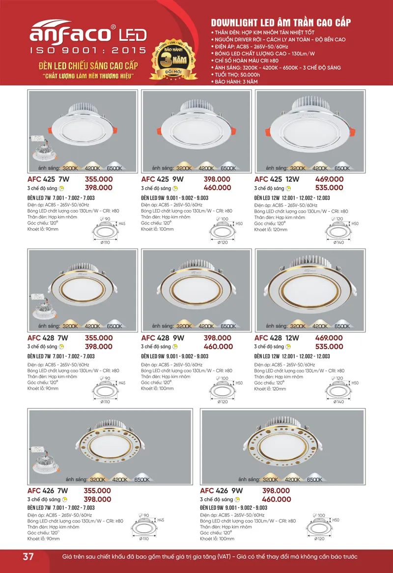 Đèn led âm trần downlight Anfaco Lighting