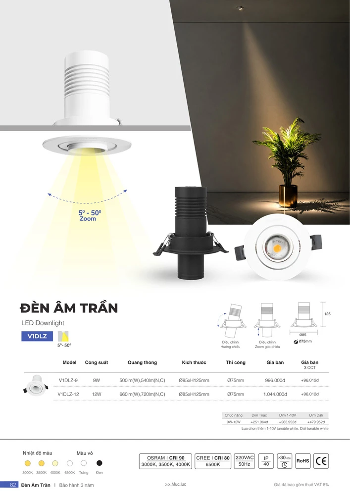 Đèn led downlight âm trần chiếu điểm V1DLZ Vinaled