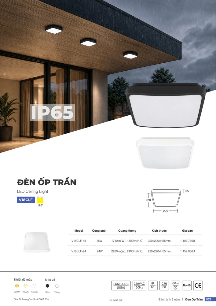 đèn ốp trần chống thấm vuông V18CLF Vinaled (IP65, vỏ đen/trắng)