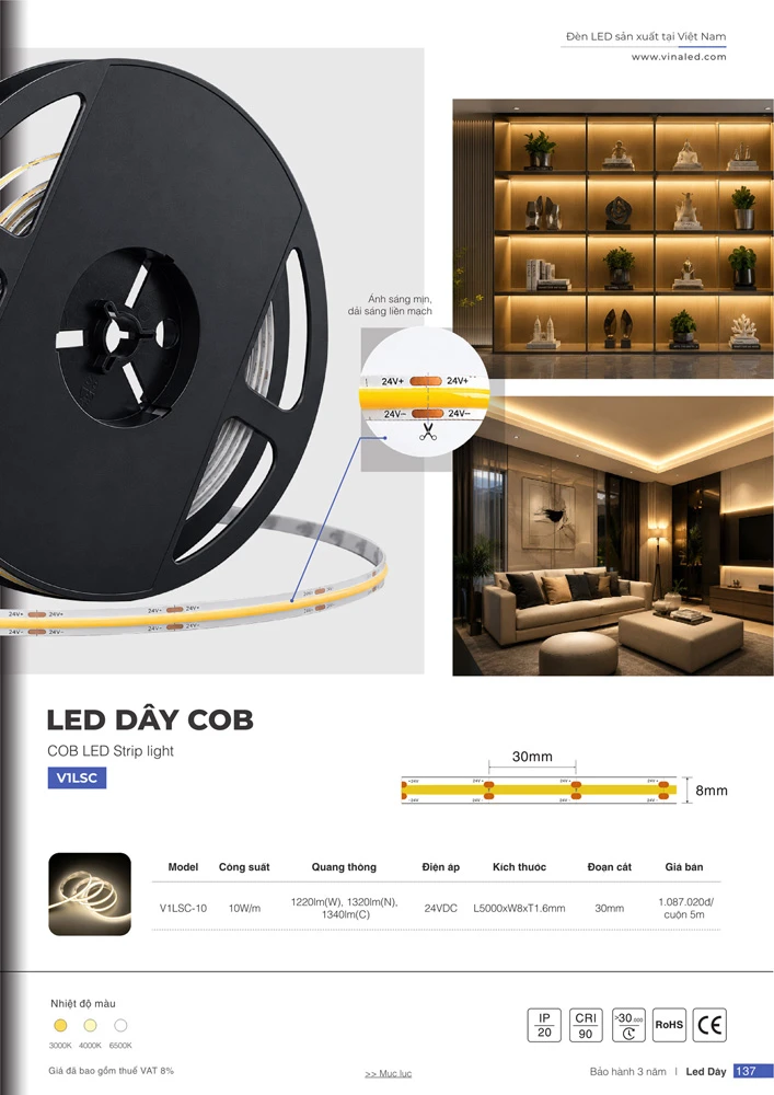Đèn led dây COB V1LSC-10 Vinaled (10W/m, 24VDC, cuộn 5 mét)