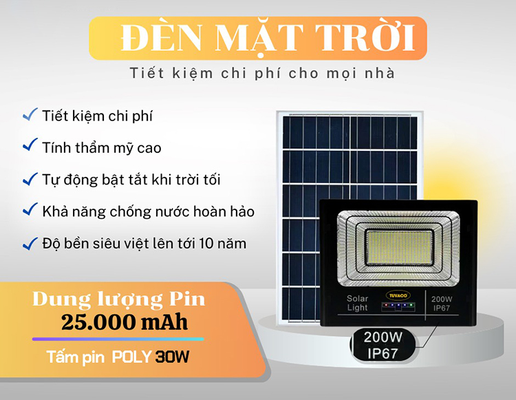 Đèn pha năng lượng mặt trời 200W TUVACO