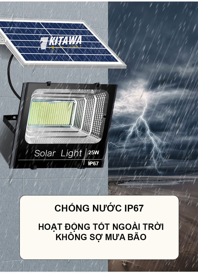 Đèn Pha Năng Lượng Mặt Trời 25W Kitawa DP125 - chống mưa gió