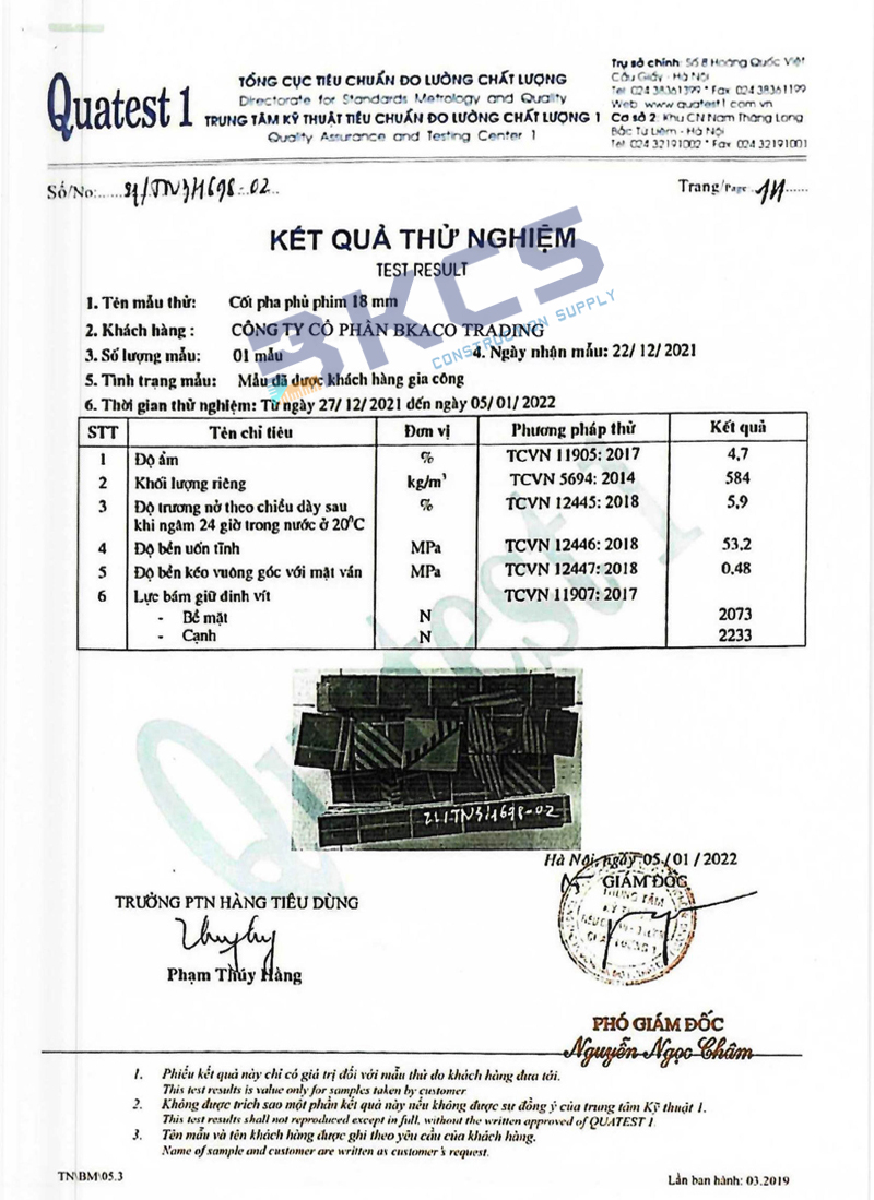 Ván ép phủ phim 18mm do tổng cục tiêu chuẩn đo lượng chất lượng cấp