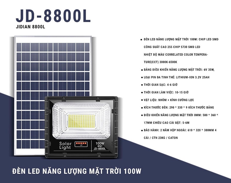 Đèn LED pha năng lượng mặt trời 100W JD-8800L