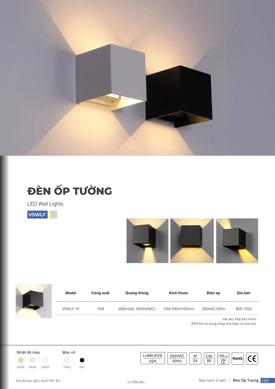 đèn led ốp tường 10W V5WLF-10 Vinaled, IP54 (WL3-BB10/ WL3-BW10)