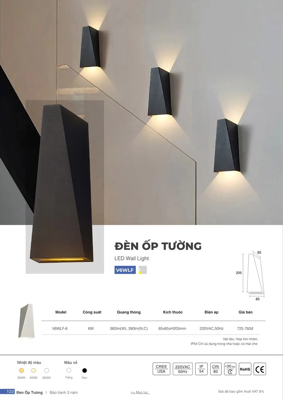 Thông số đèn led ốp tường 6W V6WLF-6 Vinaled, IP54 (WL3-AB6/ WL3-AW6)