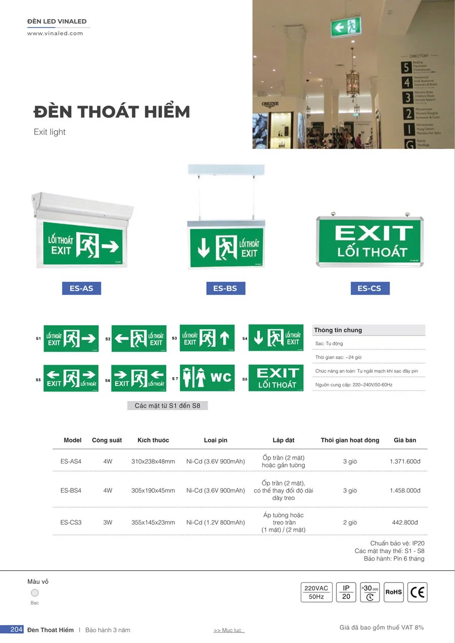 Đèn thoát hiểm Exit 4W ES-BS4 Vinaled 2 mặt (ốp trần và treo dây)