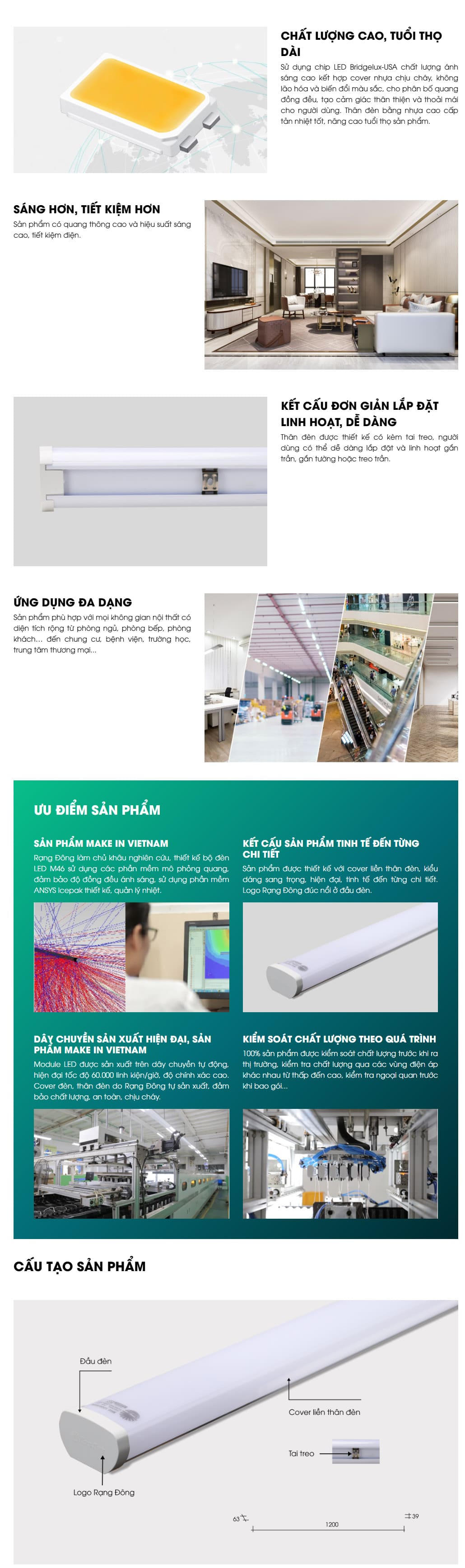 bộ đèn led bán nguyệt 1,2m M46 1200/50W Rạng Đông