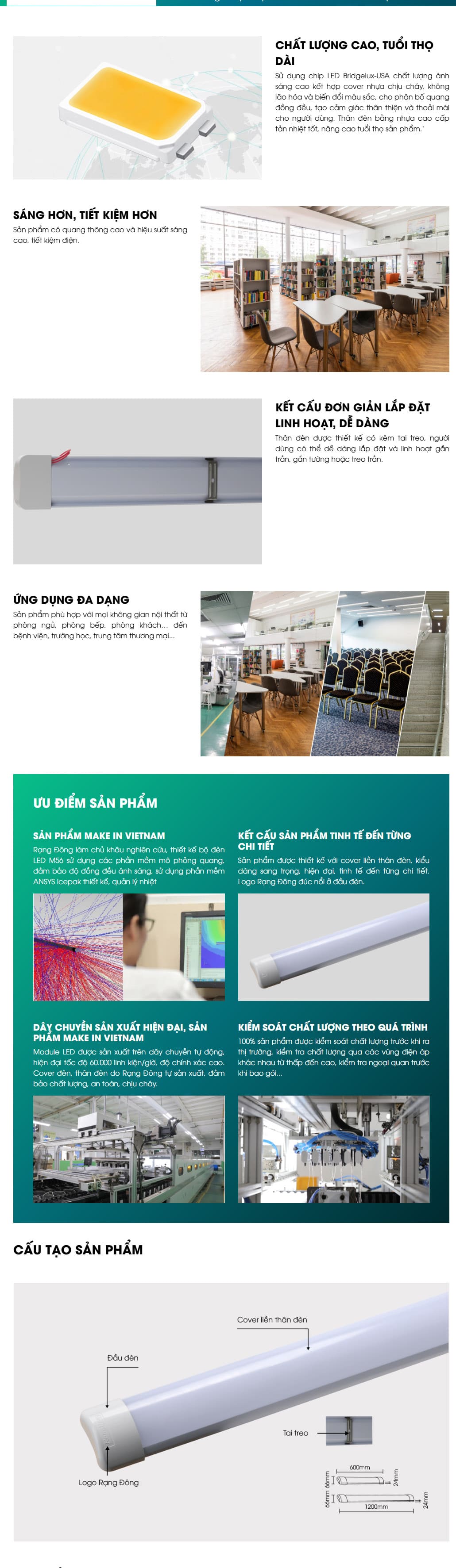 Bộ đèn led bán nguyệt nổi trần 1,2m M56 1200/40W Rạng Đông