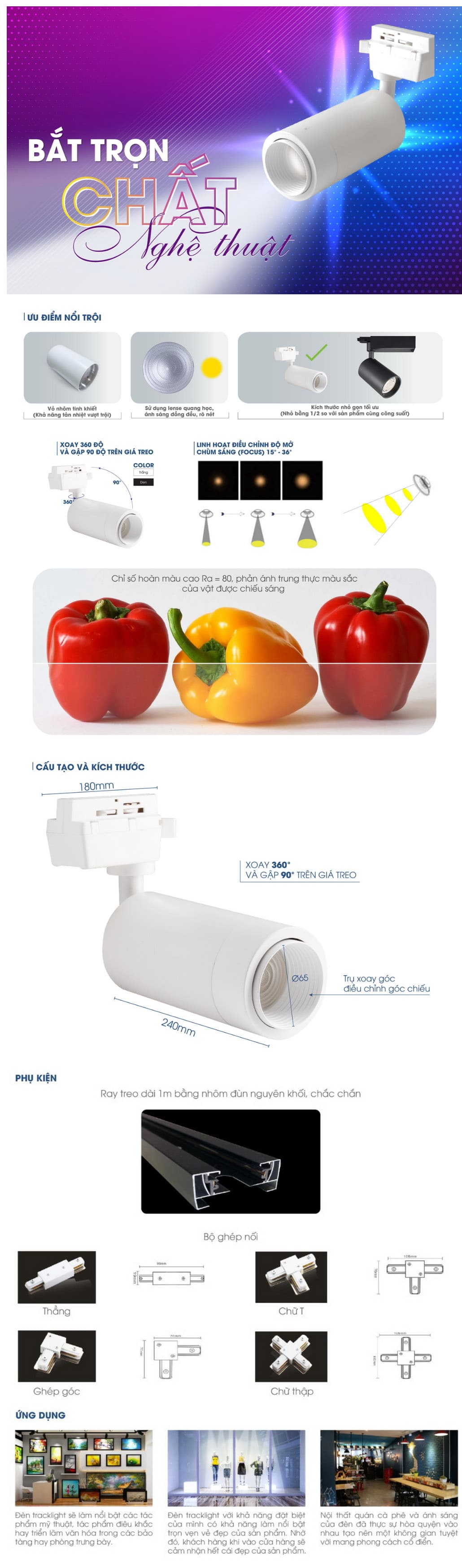 đèn led tracklight TRL06 20W xoay góc Rạng Đông (trắng/đen)