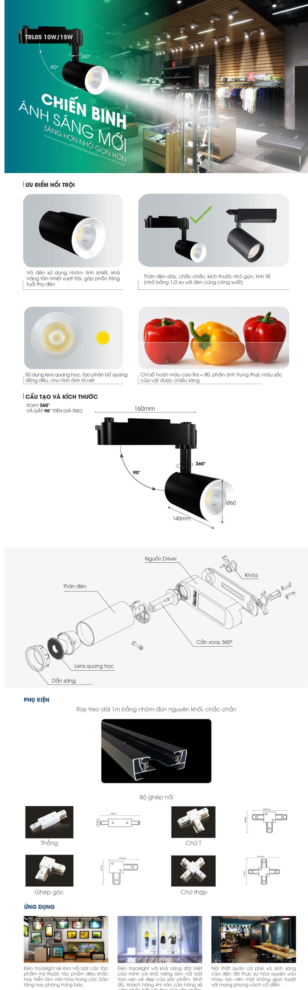 đèn led tracklight TRL05 10W, 15W xoay góc Rạng Đông (trắng/đen)