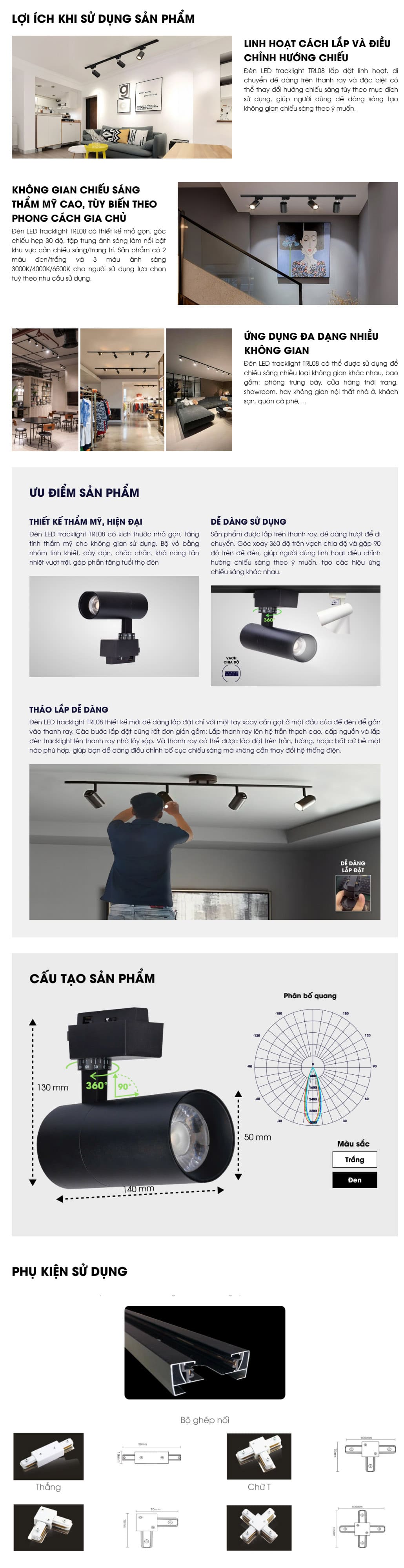Đèn led tracklight TRL08 15W, 20W, 30W (xoay góc) Rạng Đông
