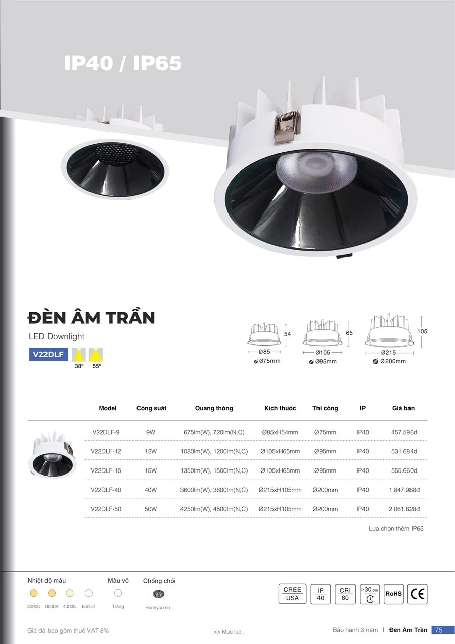đèn âm trần chiếu điểm V22DLF VinaLed