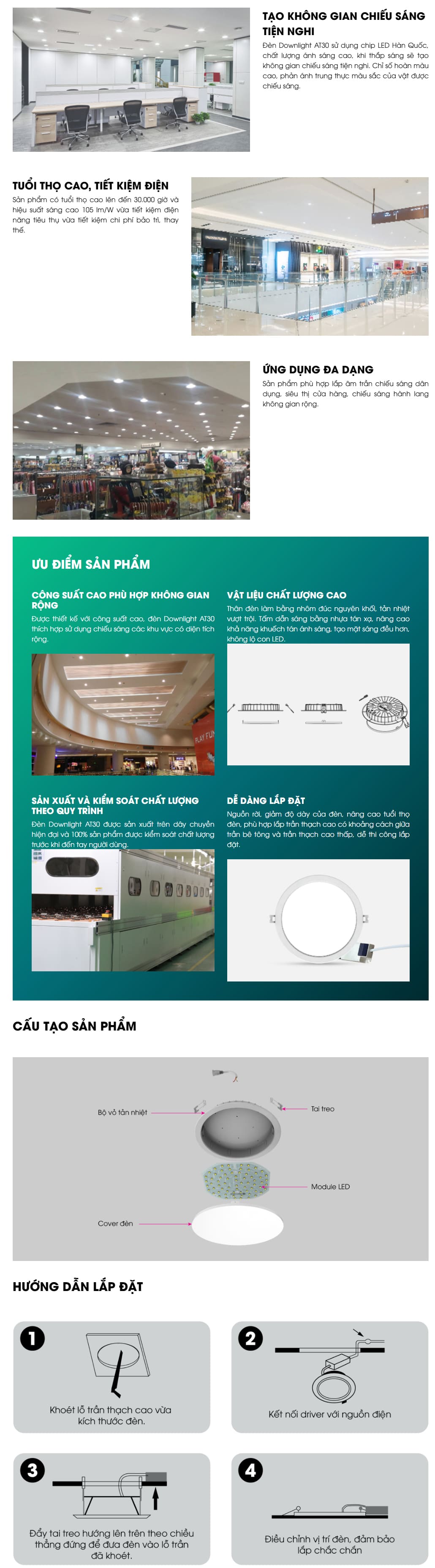 Đèn led downlight AT30 (20W, 30W) Rạng Đông, khoét lỗ 155mm,195mm