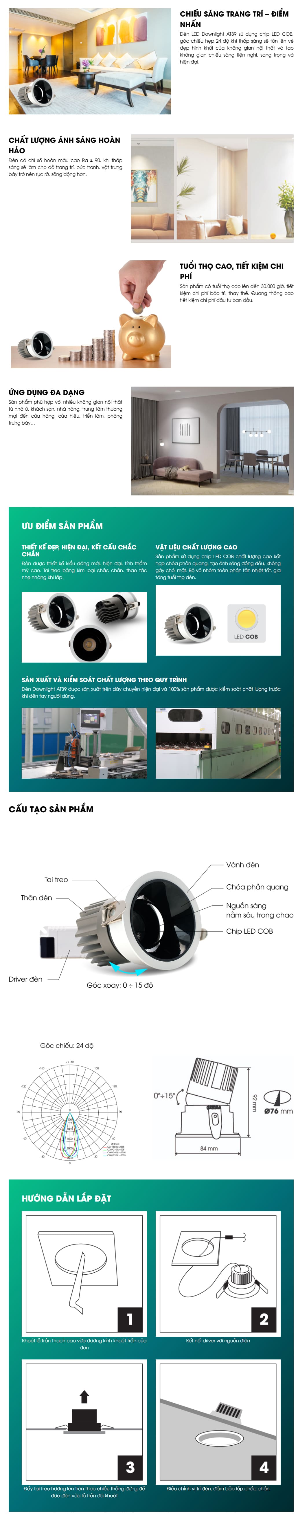 đèn led downlight chiếu điểm 12W AT39 Rạng Đông
