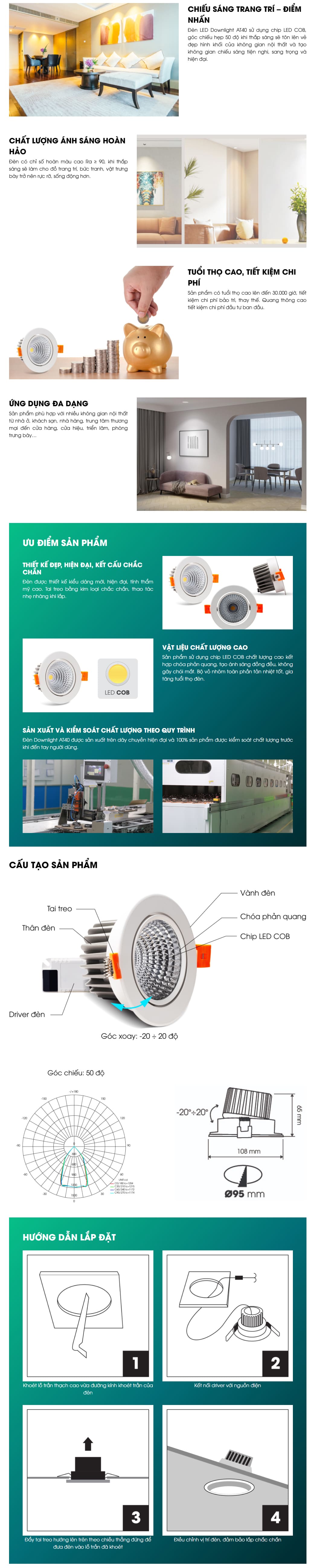 đèn led downlight chiếu điểm 12W AT40 Rạng Đông