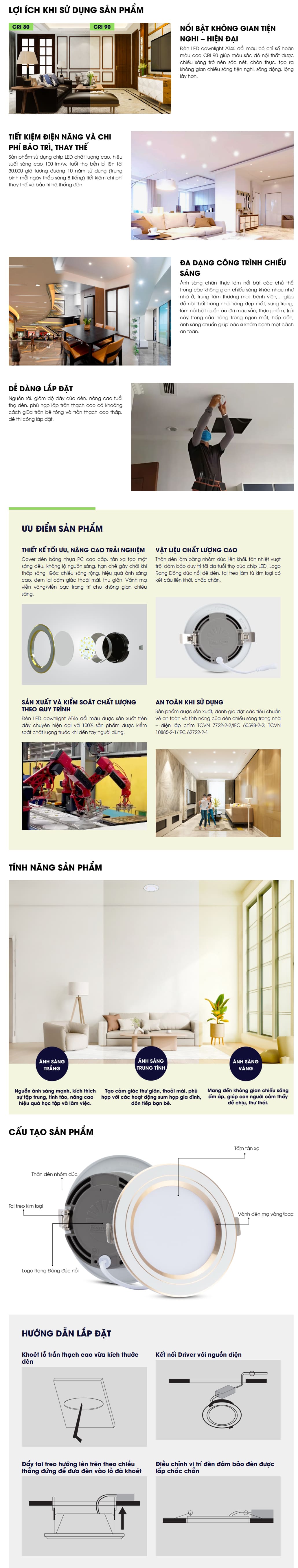 Đèn Led Downlight đổi màu AT46 (8W,10W,12W) Rạng Đông, khoét lỗ 90,110mm