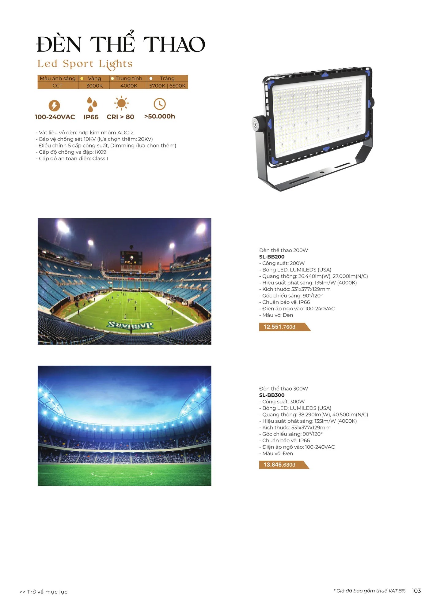 Thông số đèn led sân thể thao 400W SL-BB400 VinaLed
