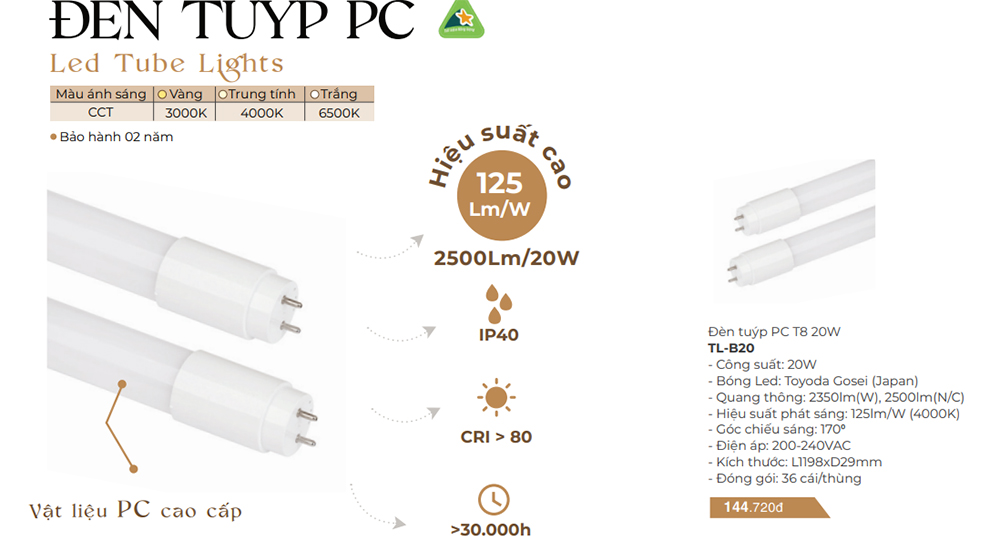 Thông số Đèn tuýp nhôm 1m2 T8 20W TL-B20 VinaLed