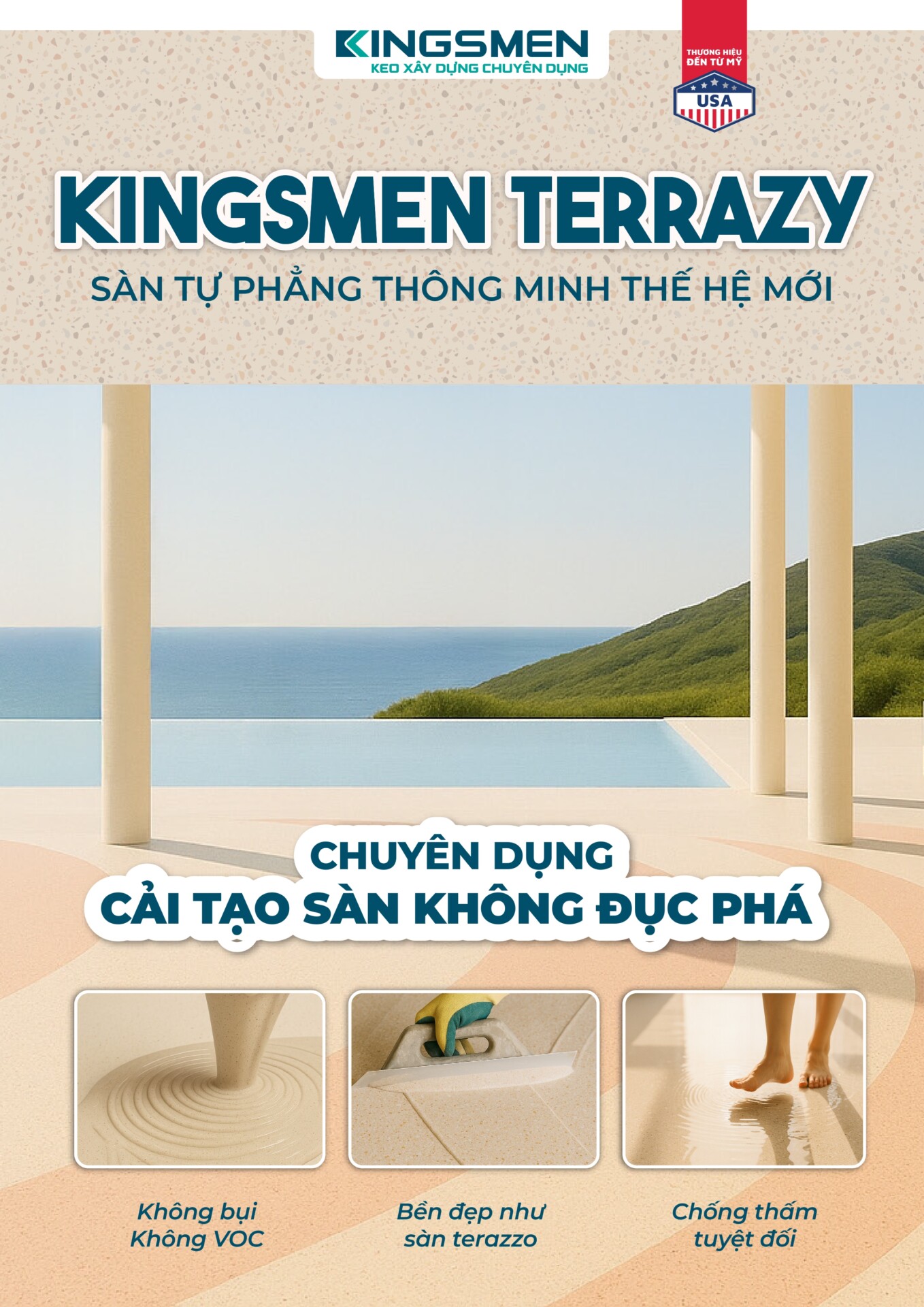 Kingsmen Terrazy - Vữa tự san phẳng bề mặt liền mạch, mịn đẹp, chống thấm