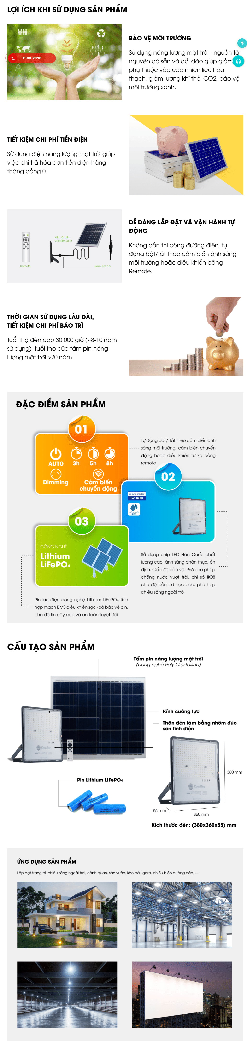 Tính năng đèn pha NLMT 500W cảm biến Rạng Đông CP03.SL.RAD 500W.V2