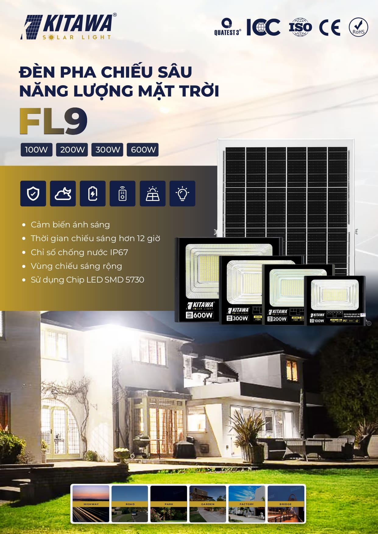 Đèn pha năng lượng mặt trời 200W FL9200 Kitawa