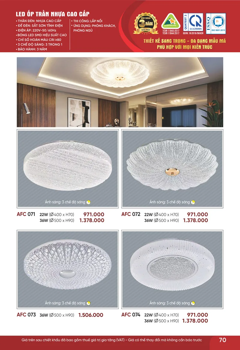 Đèn ốp trần AFC 074 Anfaco trang trí cho phòng khách, phòng ngủ 