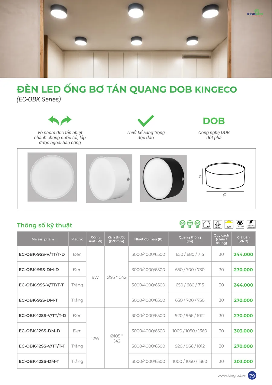 ĐÈN LED ỐNG BƠ TÁN QUANG DOB KINGECO EC-OBK Series