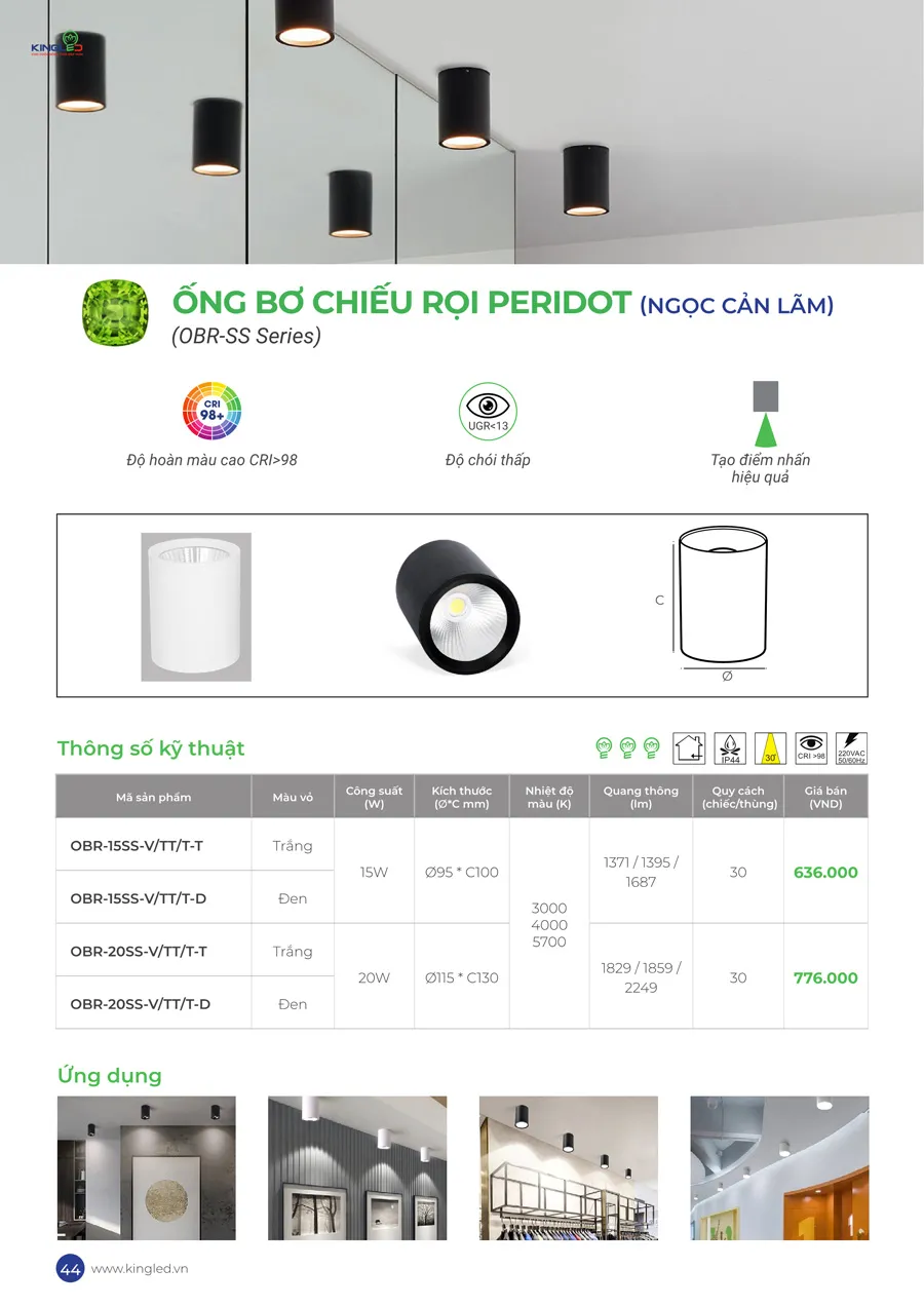 Thông số đèn ống bơ chiếu rọi (15W, 20W) OBR-SS Series Peridot KingLED