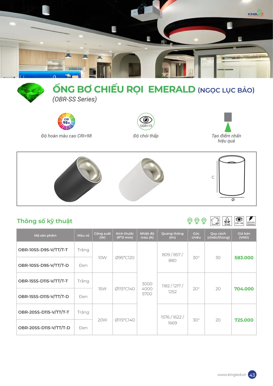 Đèn ống bơ chiếu rọi (7W, 10W, 15W, 20W) OBR-SS Series Emerald KingLED
