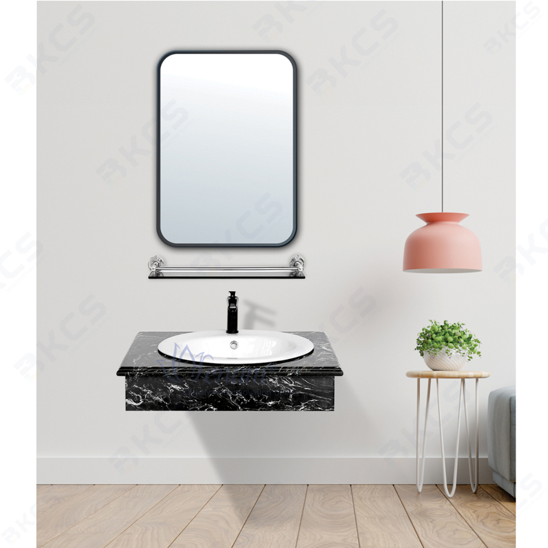 Bộ bàn đá lavabo, gương viền iNox xi đen Sennam BĐ-08